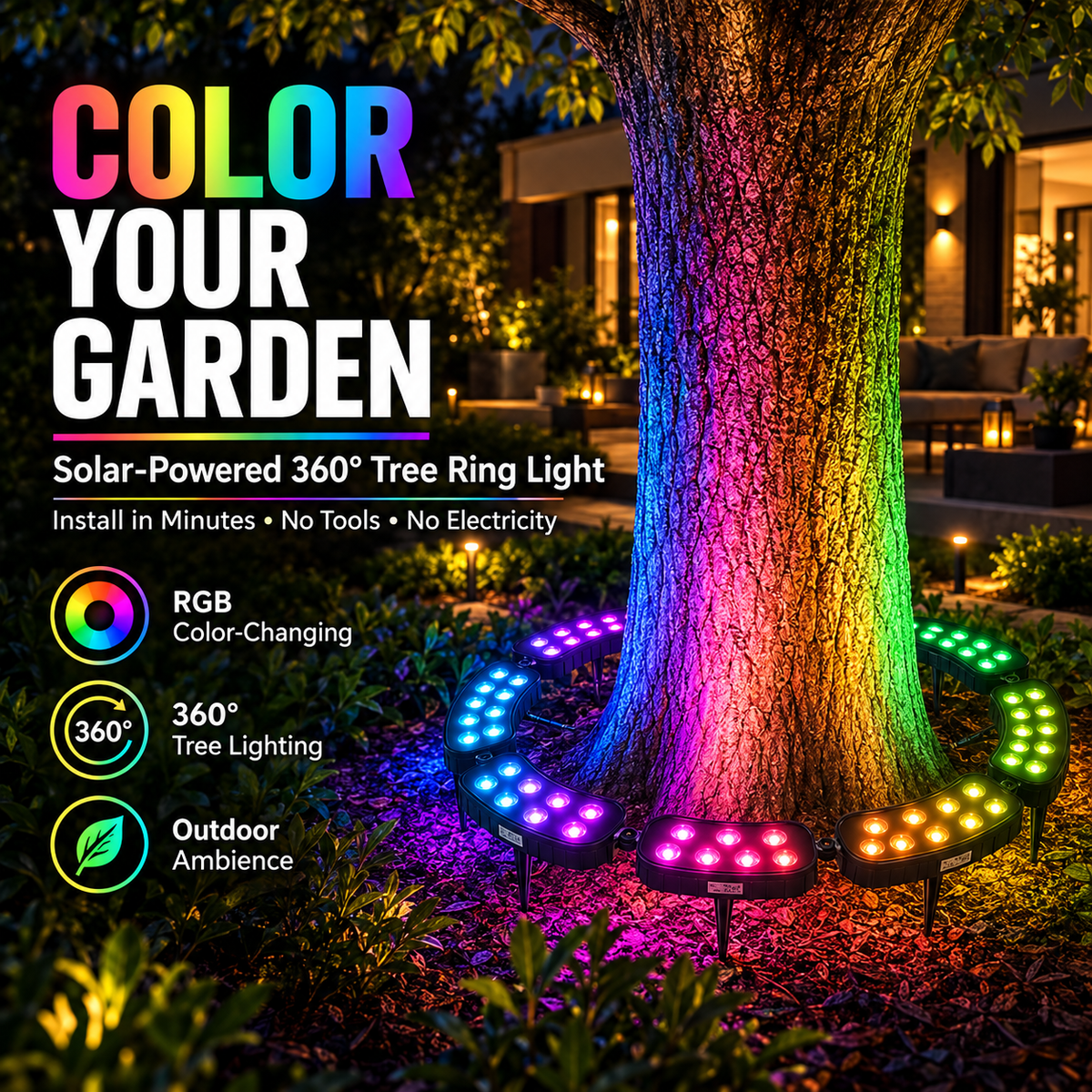 Solar RGB tree ring light around a landscape tree