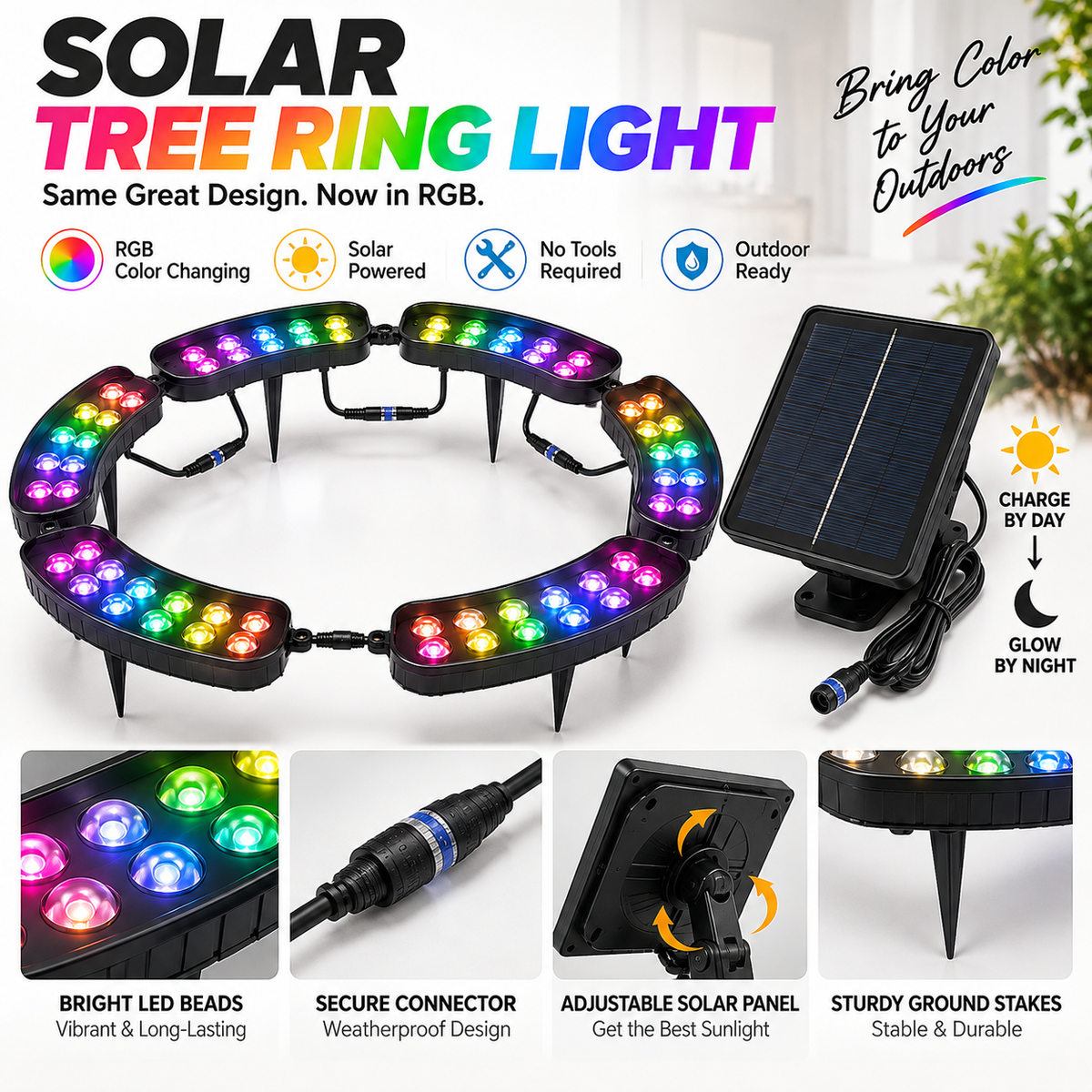 Solar RGB tree ring lighting kit with solar panel