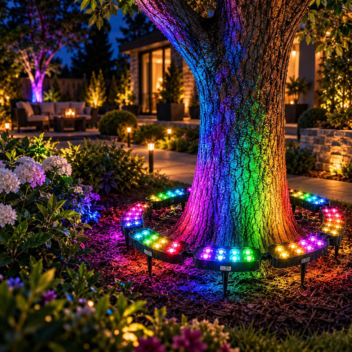 RGB illuminated tree in a landscaped yard