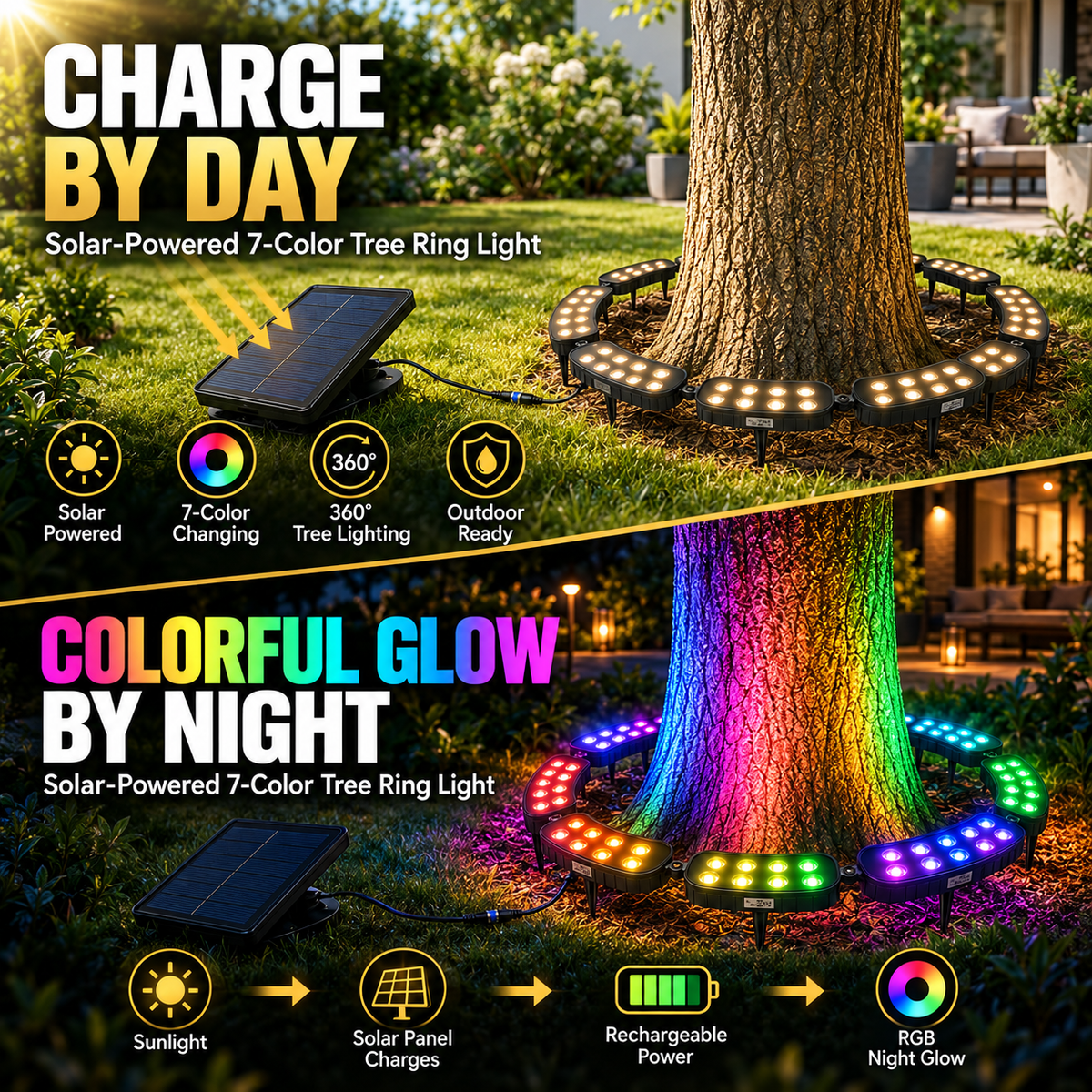 Solar tree light day and night demonstration